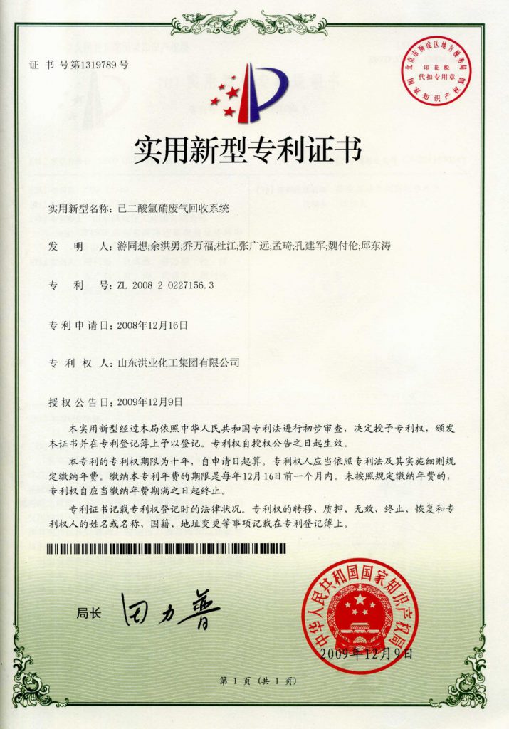 《己二酸氩硝废气回收系统》获实用新型专利